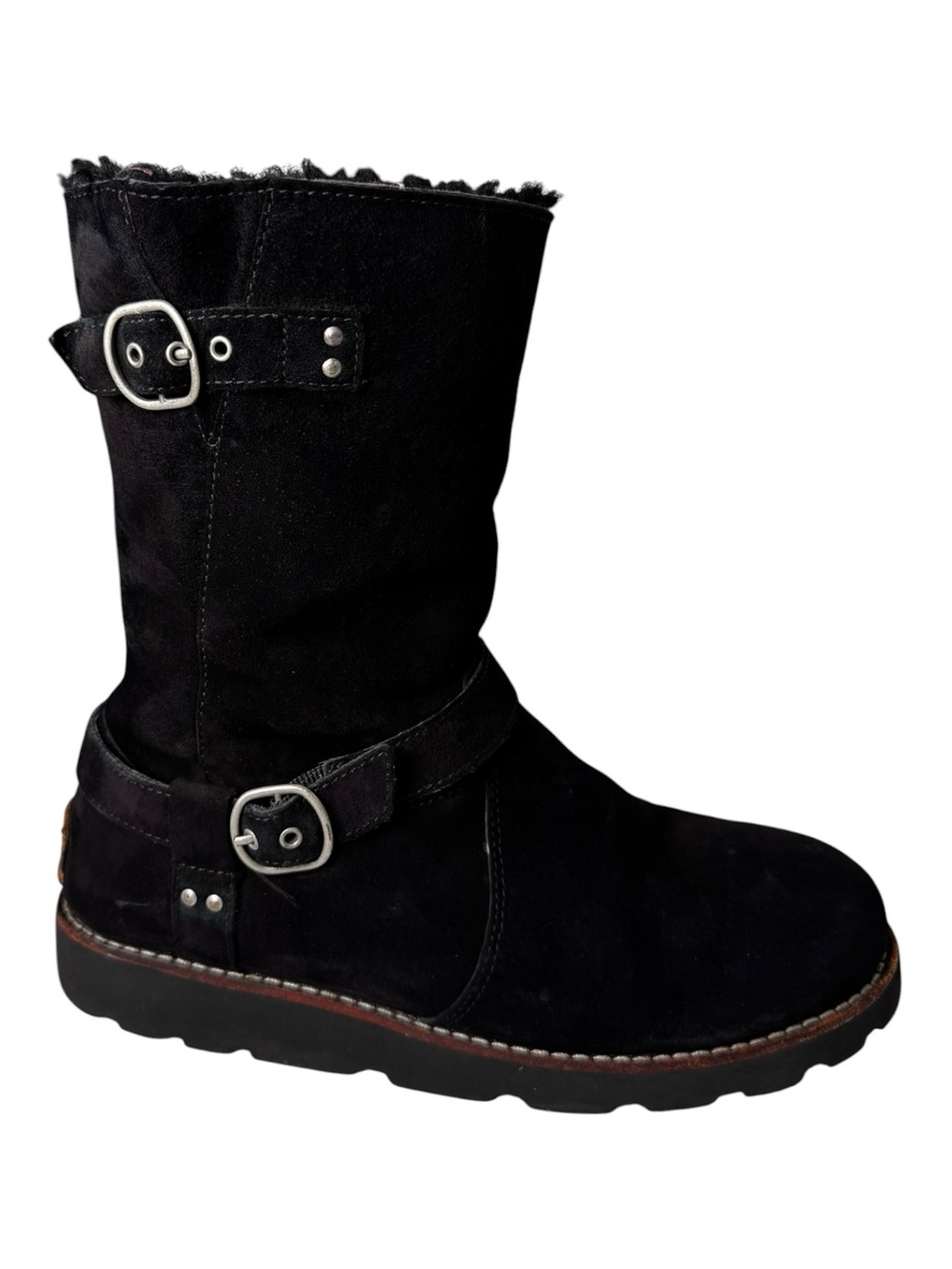 UGG Sutter Waterproof Suede Shearling Moto Buckle Winter Boots Black Size 8